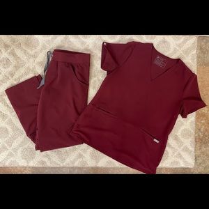 Burgundy Figs Scrubs. Medium Casma top and Medium Petite Kade pants.